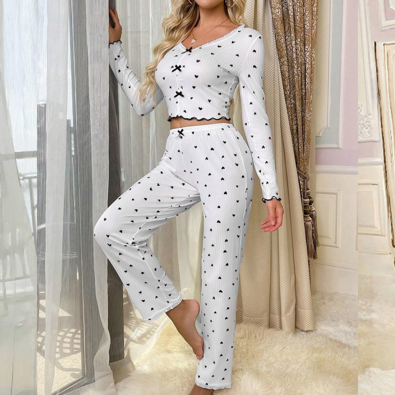 

Women s Home Clothes Pajamas Long Sleeved Pants Loose And Comfortable Sexy Lace Love Print V-neck Two-piece Set S чёрный