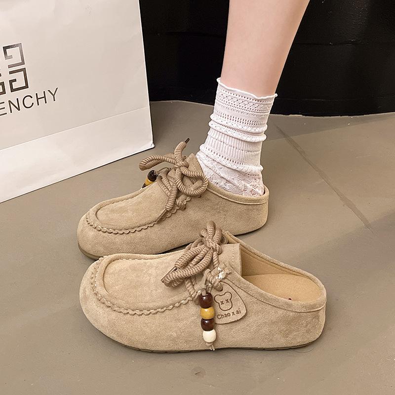 Retro Beaded Bag Head Boken Half Slippers Women's 2025 New One-pedal Thick-soled Literary Mori Versatile Muller Shoes