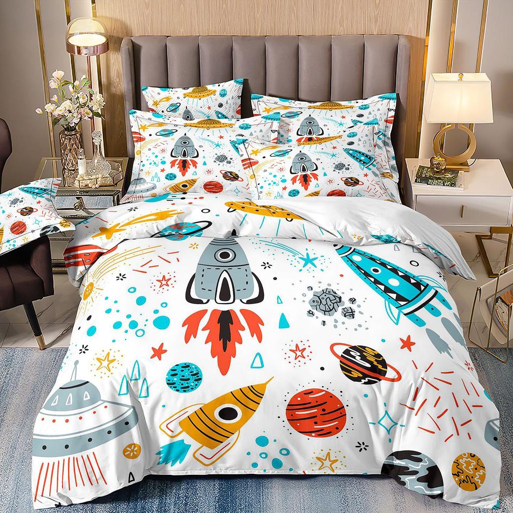 Universe Starry Sky Rocket Space Print Cartoon Duvet Cover Bedding Set Bedclothes Twin Single King For Kids Adult Bedrooms Decor