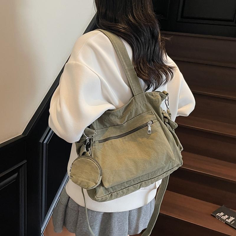 Large Capacity Tote Bag Canvas Bag Solid Color Student Crossbody Bag