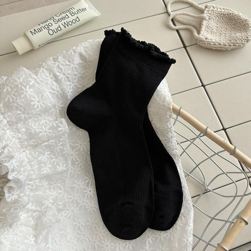 Black Ear-trimmed Socks for Women In Autumn, Solid Color Lace Mid-calf Pile Socks, Versatile Stretch Socks