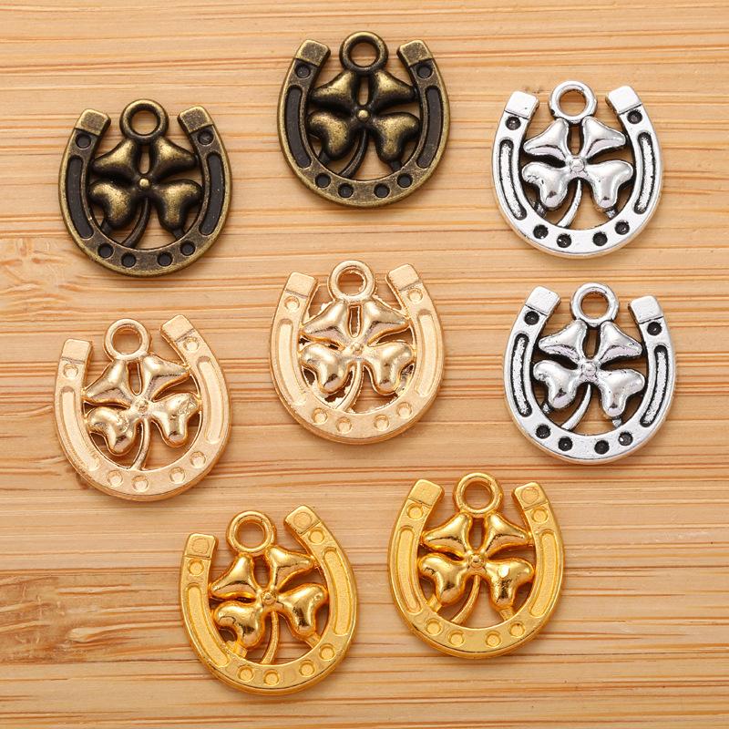 50Pcs 15*16Mm Antique Pendant Charms Horseshoe Lucky Clover Pendant Vintage Ornaments Diy Handmade Jewelry Accessories