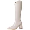 Women's White Non-Slip High-Top V-Cut Knight Boots - Pointed Toe, High Heel, Autumn/Winter 2025