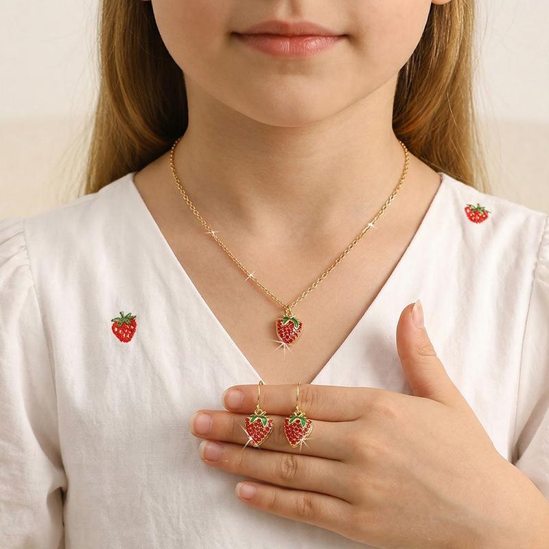 1 Set Alloy Strawberry Necklace Earrings Sparkly Rhinestone Inlay For Little Girls Daily Wear Birthday Gifts