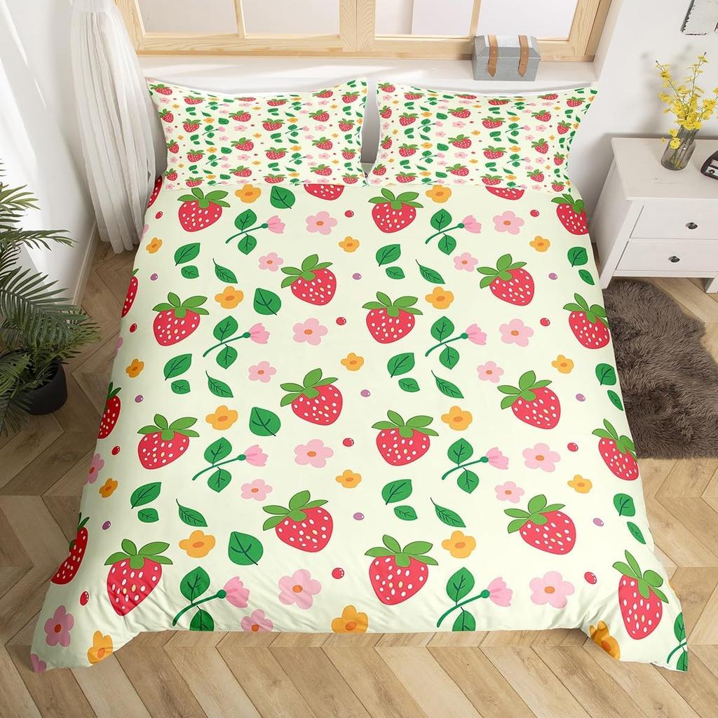 Cute Strawberry Duvet Cover Full King,Flower Leaves Tropical Fruit Bedding Set,Garden Rustic Plants Watercolor Chic Quilt Cover