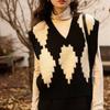 Fashion V-neck Argyle Printed Loose Women's Vest 2025 Spring and Autumn Sleeveless Elegant Knitted Pullover Sweater Tank Tops Female Clothing