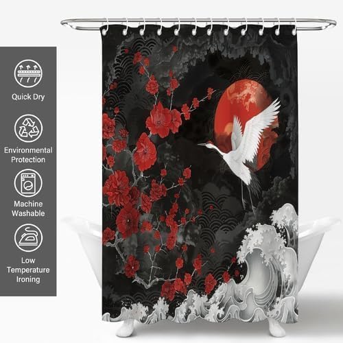 Red Japanese Bird Shower Curtain with Crane and Plum Blossoms,Waterproof Fabric Bath Curtain, Anime Wave Style Bathroom