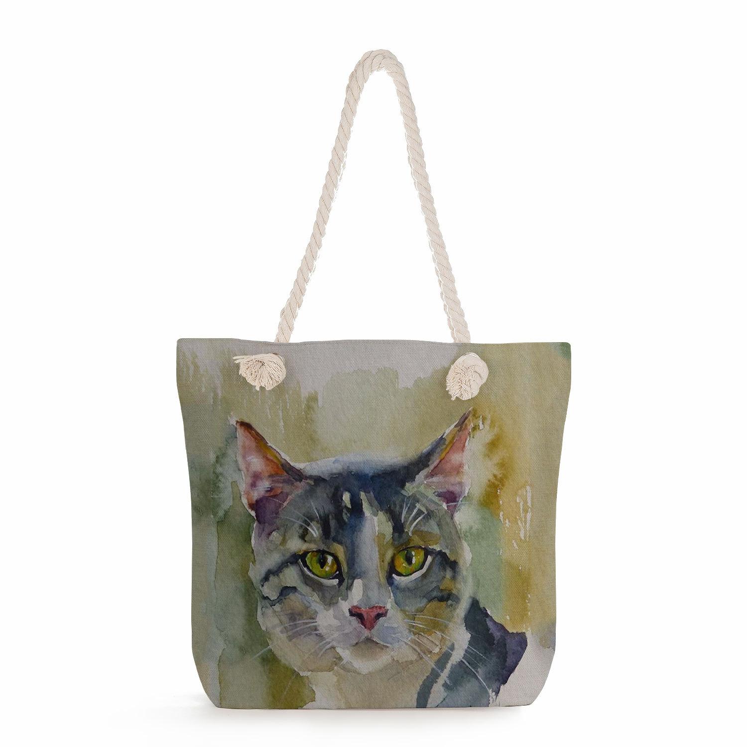 

Multifunctional Oil Painting Cat Printed Thick Rope Shoulder Beach Bag Casual large capacity handbag 7606 KTB