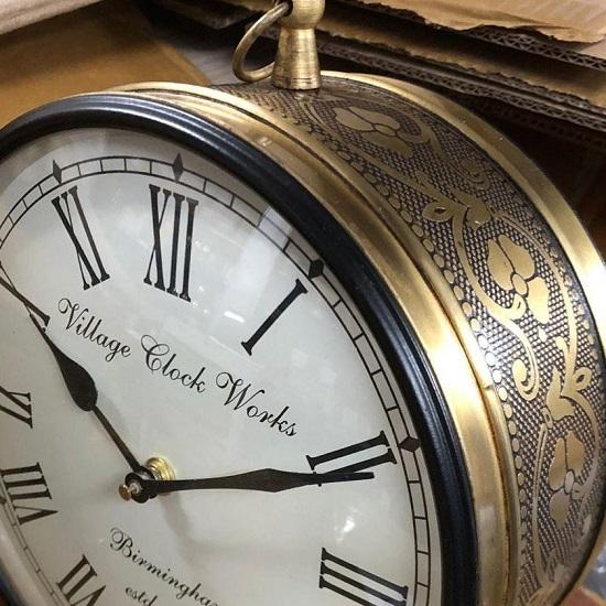 Vintage Style Hanging Metal Clock - Made with Brass / Double-sided Analogue Railway Clock / Antique Brass or Copper Ornamental Finish