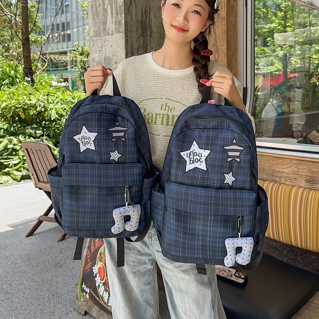 Schoolbag Korean Ins Versatile Plaid Backpack Female Large Capacity Cartoon Star Polka Dot Student Schoolbag Female Casual Back