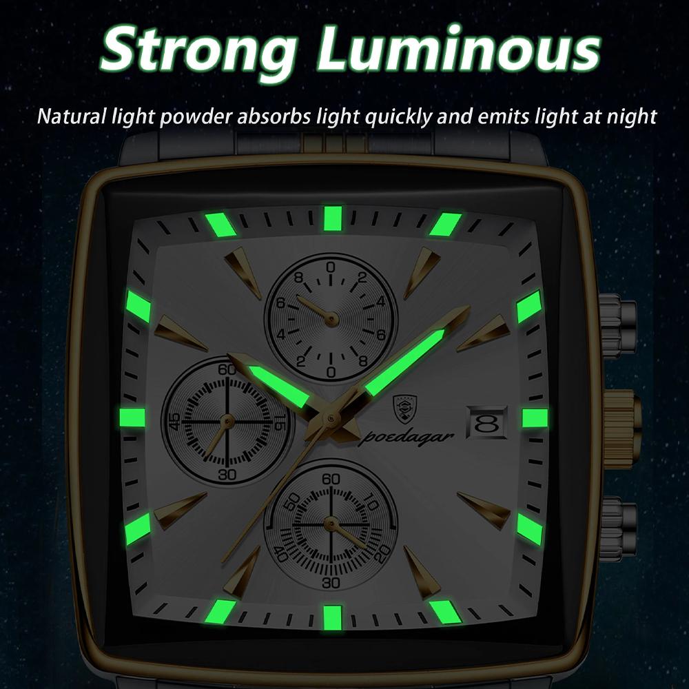 Mode Fyrkantig Urtavla Klocka för Män Rostfritt Stål Vattentät Kvarts Kronograf Herrklockor Lyx Sport Herrklocka