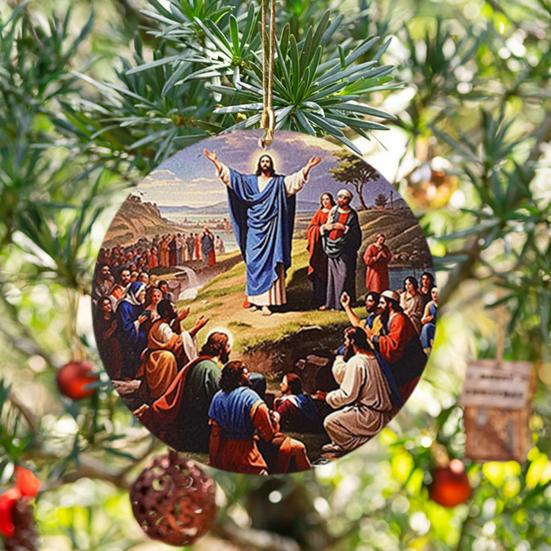 12 Pcs Nativity Scene Ornament Round Wooden Birth of Jesus Christian Keepsake Religious Hanging Pendant for Christmas Home Car Decor