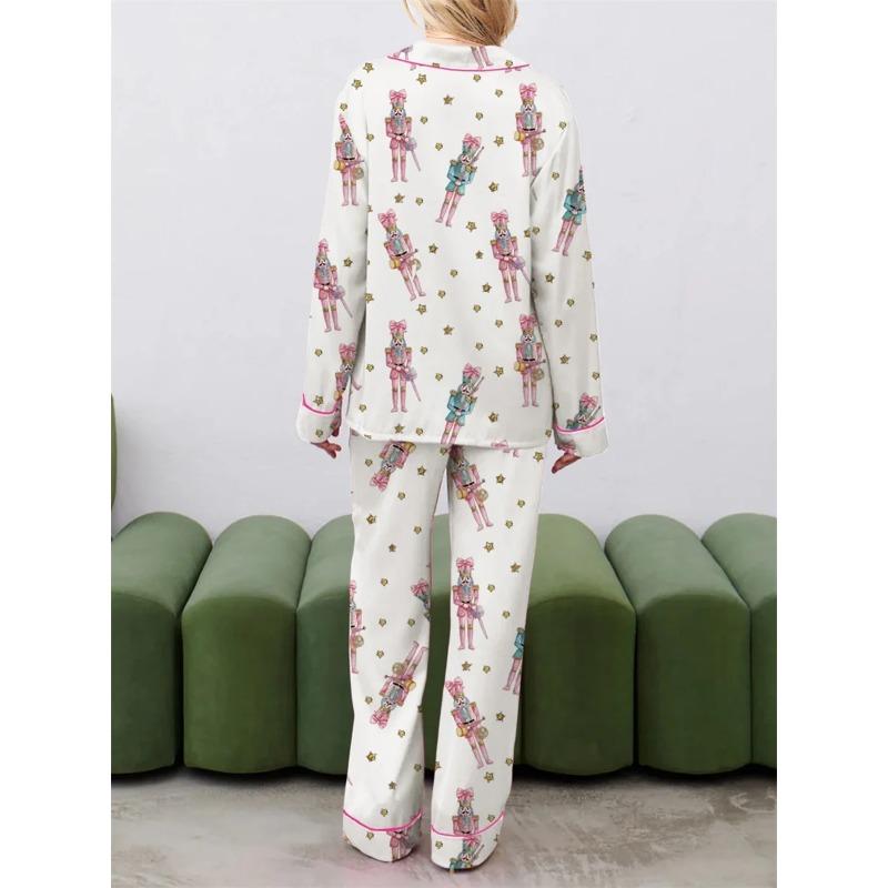 Women Christmas Pajama Set Cute Nutcracker Print Long Sleeve Button Down Shirt Pants Satin Silk  2 Piece Jammies