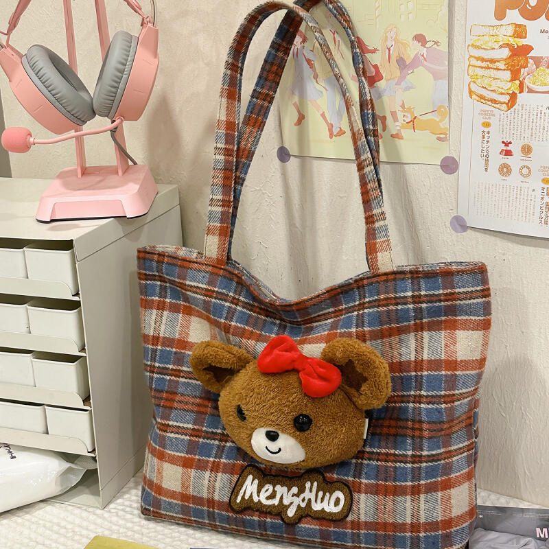 Bear Shoulder Bag Women's Bag Vintage Plaid Tote Bag