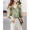 DME Women's V-Neck Pleated Print Chiffon Blouse