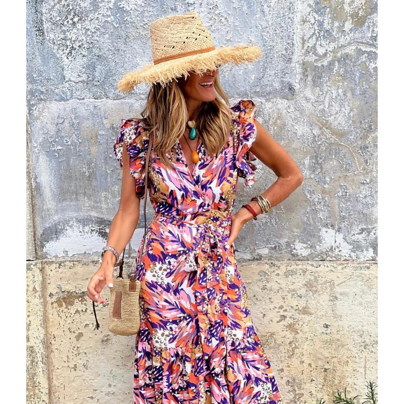 Womens Sleeveless V-Neck Printed Maxi Dress With Flowy Skirt Casual Chic Outfit