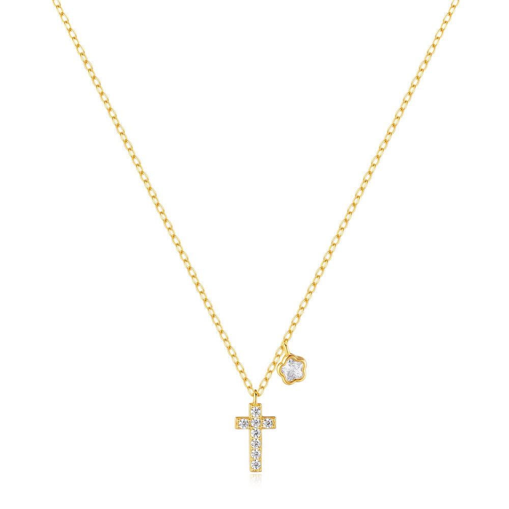 S925 Sterling Silver Delicate Floral Cross With Diamond Elements Premium Design Women'S Clavicle Necklace Women'S Clavicle Chain