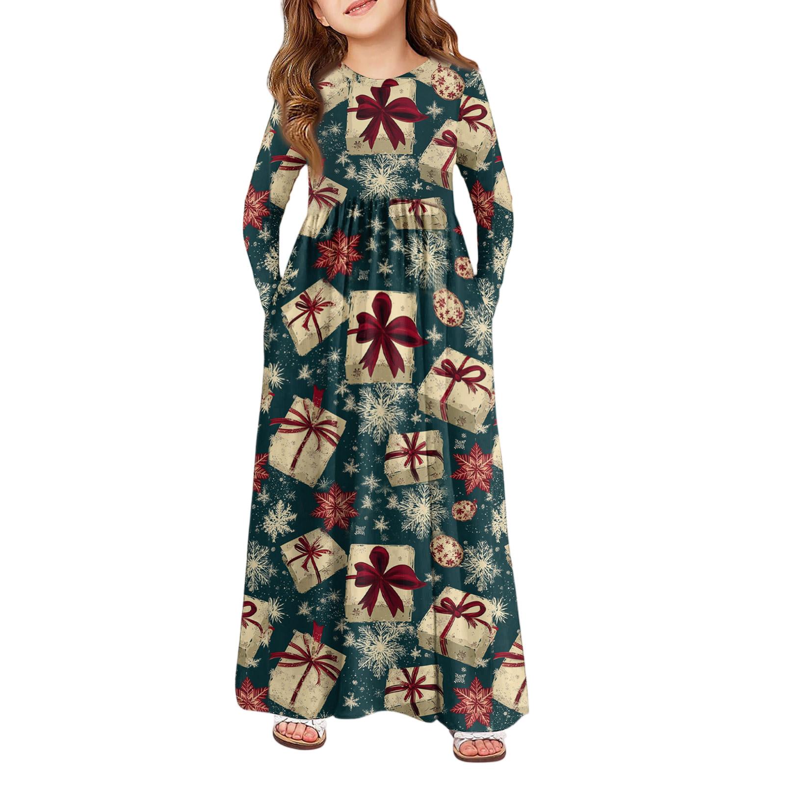 

Girls Maxi Dress - Long Sleeve Pocket Dress Christmas Day 110