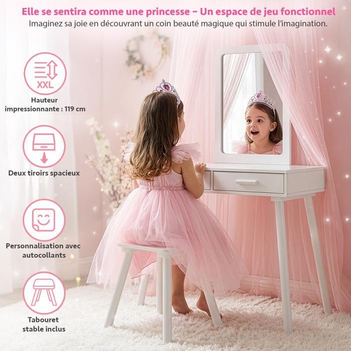 Coiffeuse pour enfant - GREEN SERIES - Green Series - Miroir sécurisé - Tabouret inclus - Tiroirs et autocollants