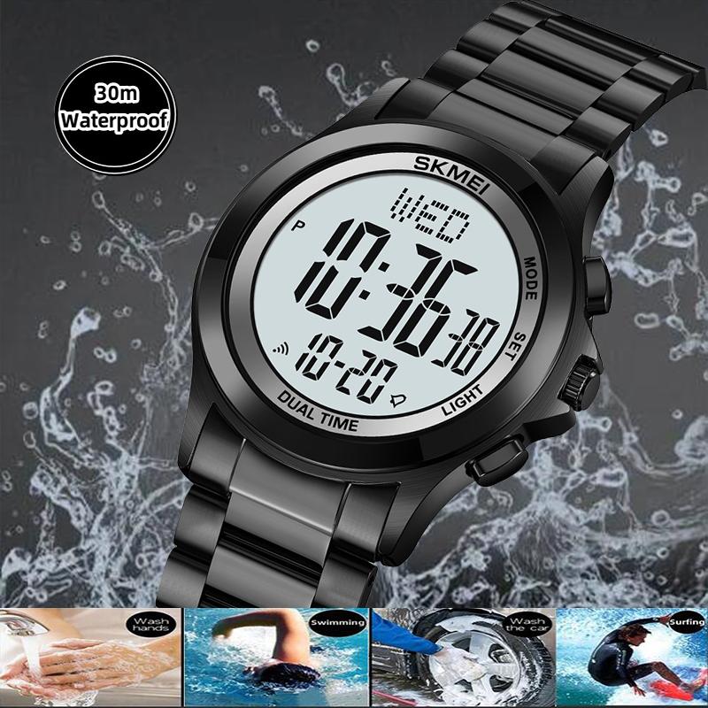 Skmei Mens Led Chronograph Bracelet Watches Luxury Stainless Steel Band 30M Waterproof Dual Time Zone Digital Sports Wristwatch
