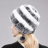Winter Hats for Girls Women's Fur Hat Real Rex Rabbit Cap Floral Knitted Hat with Balls Skulls Beanies 55-59cm