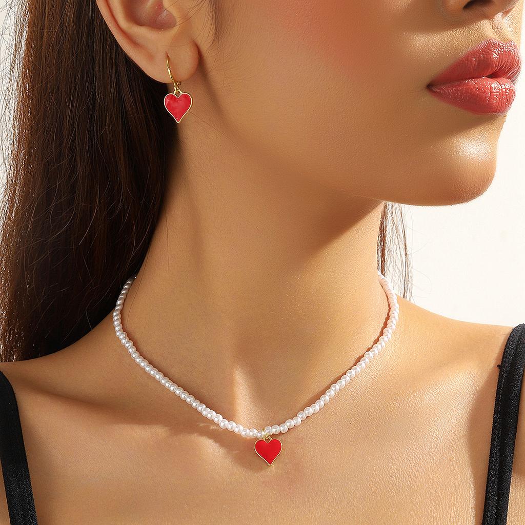 Valentine'S Day Ornament Red Rose Flower Earrings Love Necklace Set Valentine'S Day Earrings