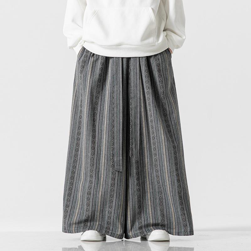 

2023 A/W Men s Striped Patchwork Cotton Linen Wide Leg Pants, Chinese Style Casual Plus Size. Double Extra Large