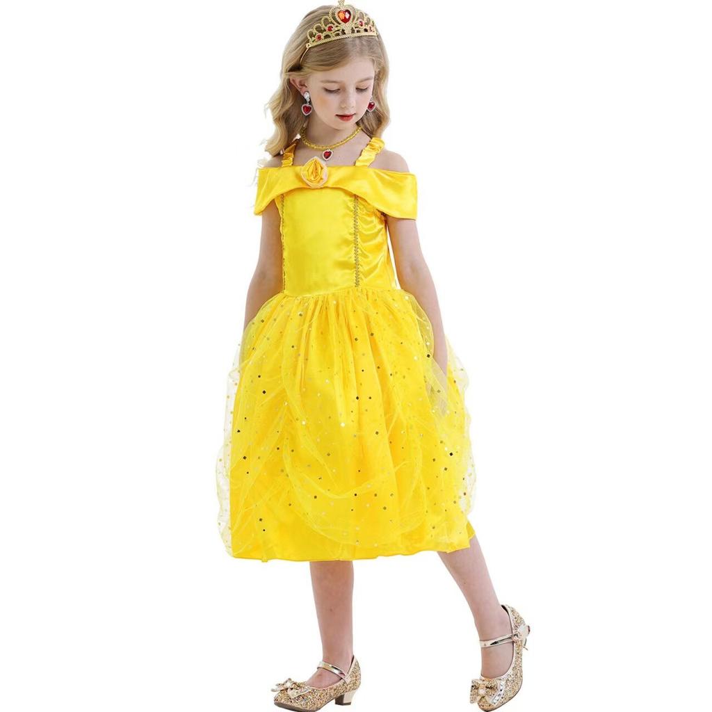 Belle Princess Carnival Costume, 7 Accessories, Cotton/Polyester, Yellow, 5-6 Years/110-120cm