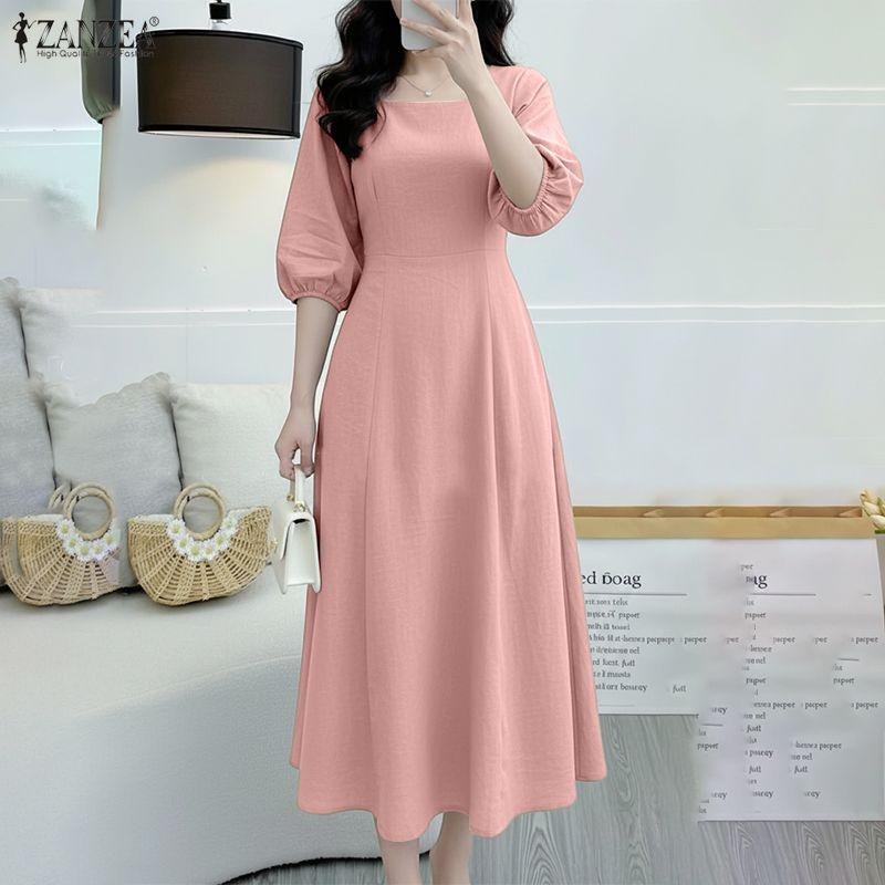 ZANZEA Women Casual Square Collar Summer 3/4 Sleeve Dress