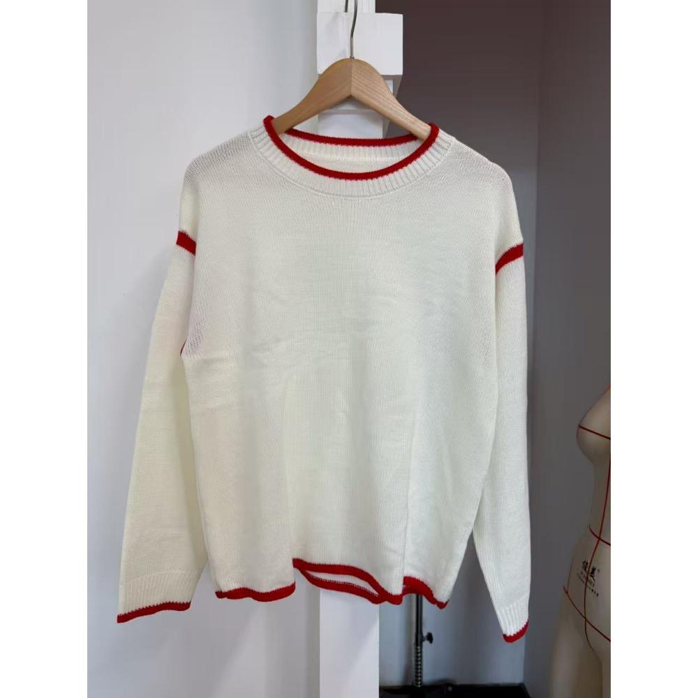 Casual Pullover Long Sleeved Loose Contrasting Solid Color Women's Sweaters