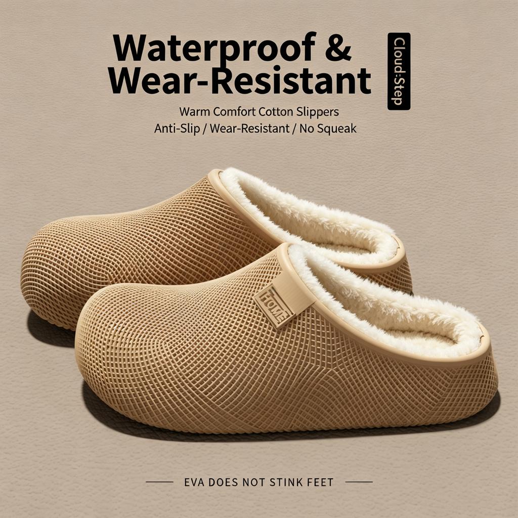 3.0cm Thick Sole Winter Warm Clogs Women Men Plush Lined Non-Slip Waterproof Mesh EVA Indoor Outdoor Casual House Shoes
