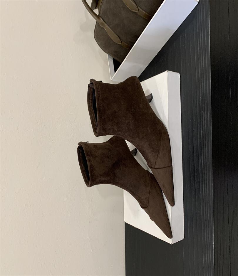 

Splicing pointed short tube thin boots women s thin heel 2025 new high heel rear zipper Korean small bare boots 39 темно-коричневого
