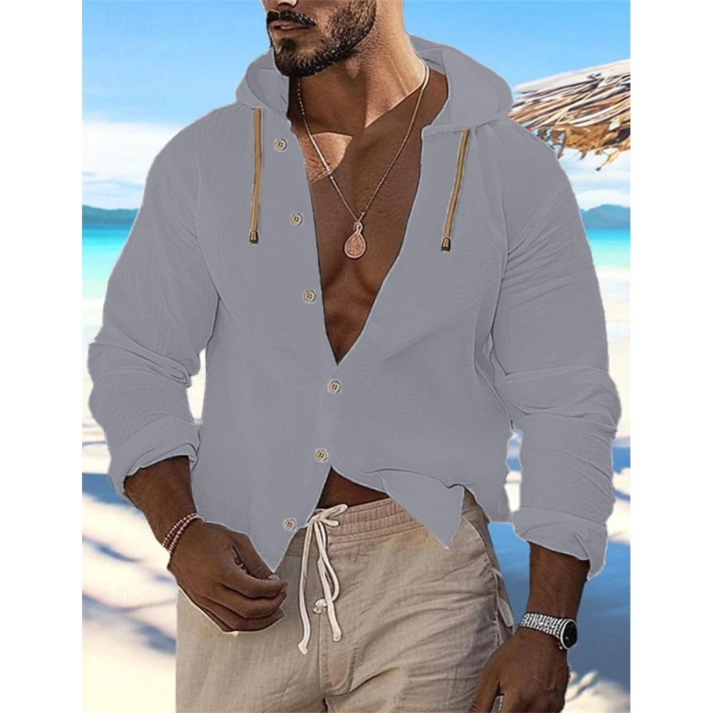 New Style Spring and Summer Men's Hooded Inch Shirt Solid Color Cotton Linen Men's Casual Long-sleeved Top