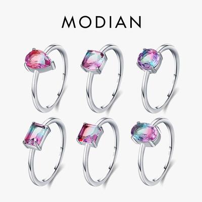 Modian Fashion Cocktail Color Ring 925 Sterling Silver 6 Shape Geometric Tourmaline Finger Rings for Women Fine Jewelry