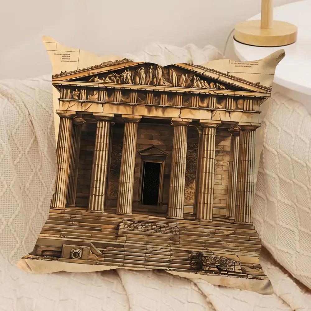 Retro Roman Architectural Cushion Cover Silky Short Plush Invisible Zipper Dustproof Sofa Pillow Case For Home Decor