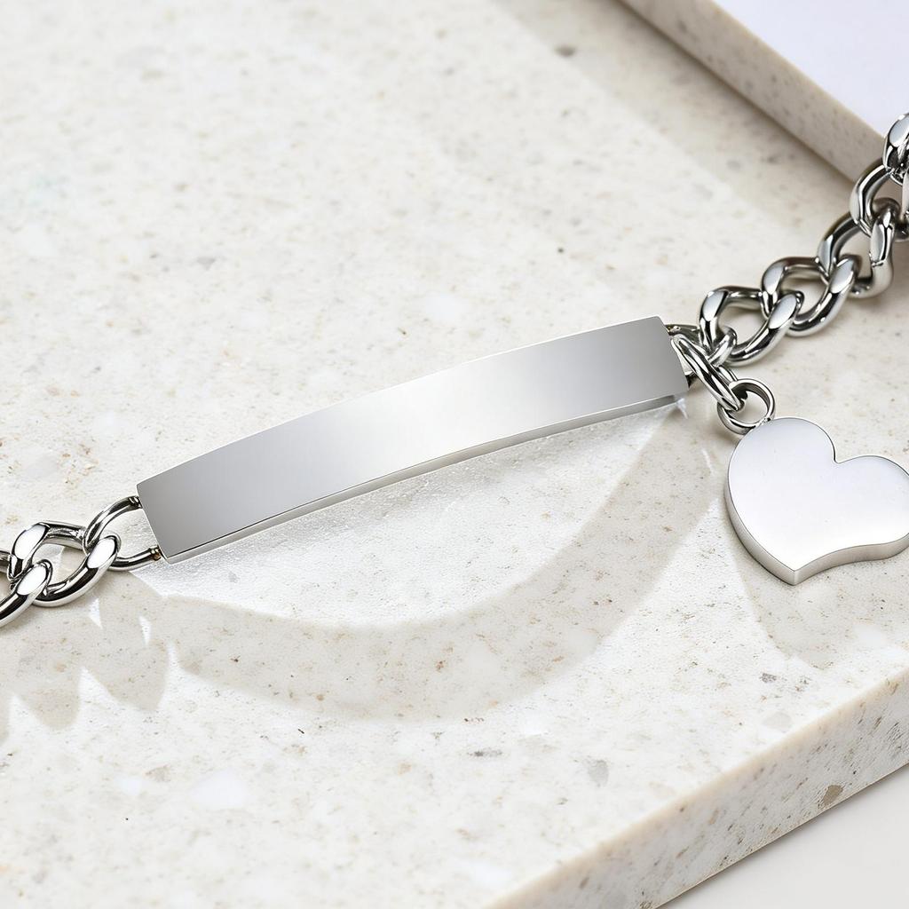 Stainless Steel Silver Color Bracelet Smooth Blank Bar With Heart Pendant Trendy Wrist Valentines Day Gift Jewelry