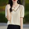 Women's Summer Tencel Lyocell Square Collar Contrast Honeycomb Knit Short-Sleeve Sweater Top