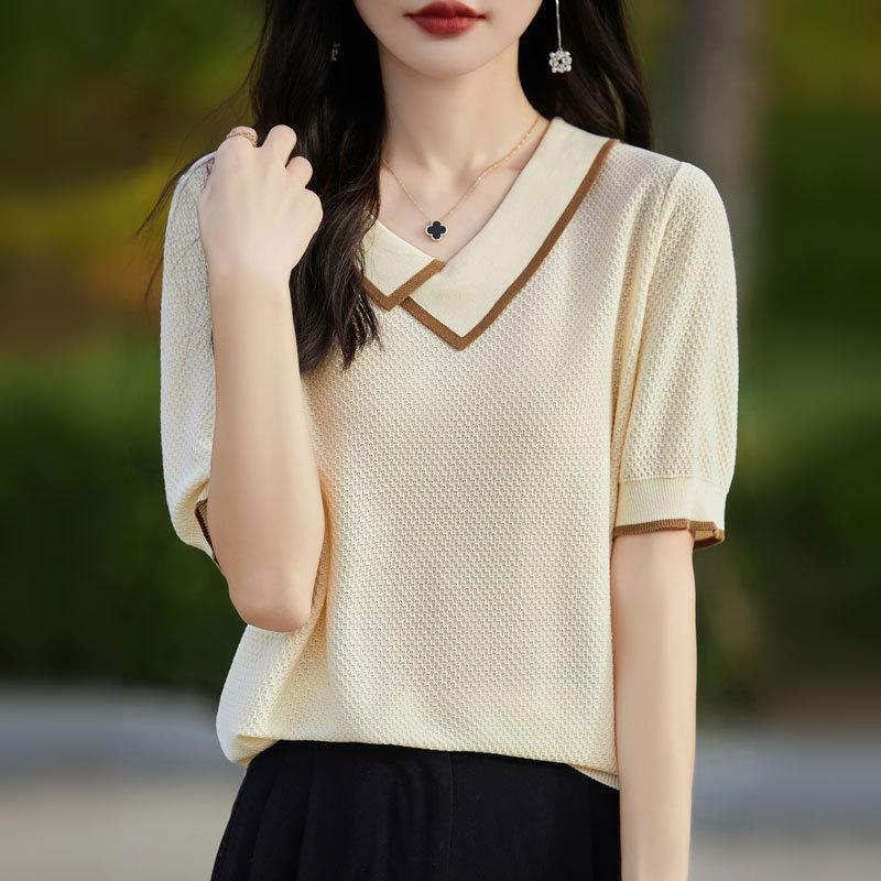 Women's Summer Tencel Lyocell Square Collar Contrast Honeycomb Knit Short-Sleeve Sweater Top