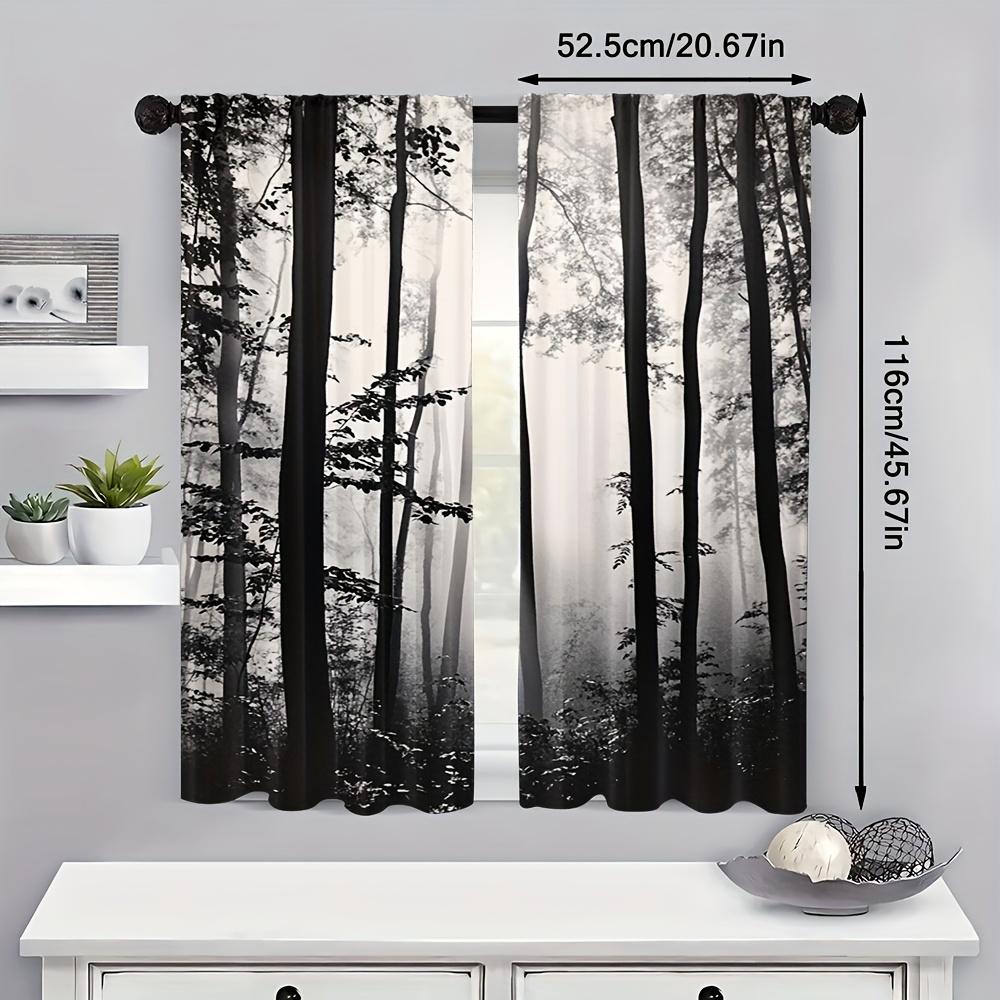 2pcs Black and White Forest Fog Print Curtains   Modern Polyester Rod Pocket Curtains   Suitable for Kitchen   Office   Bedroom