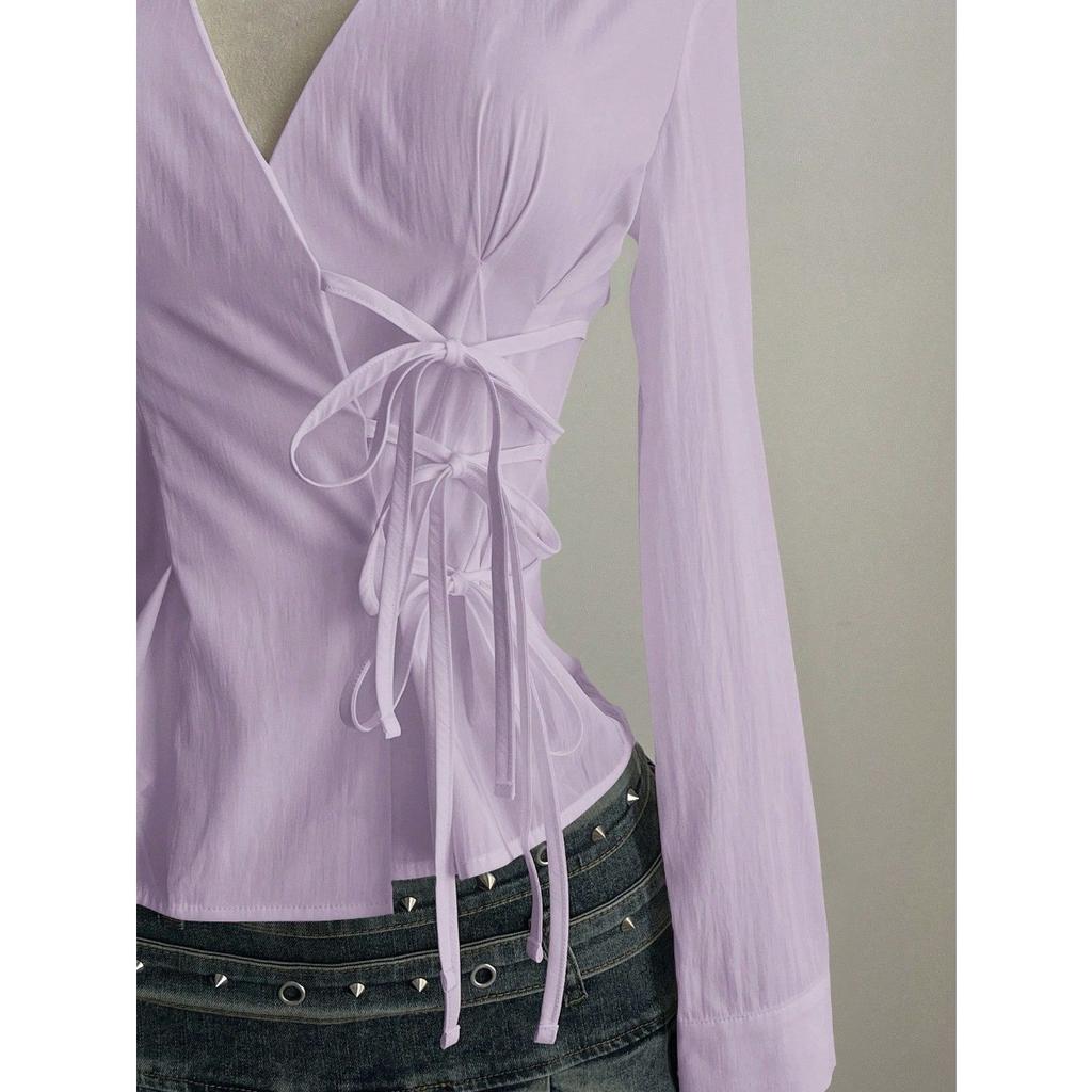 Women's Casual Top, Versatile, Elegant, Waist Cinching Design, Solid Color Women's Shirt