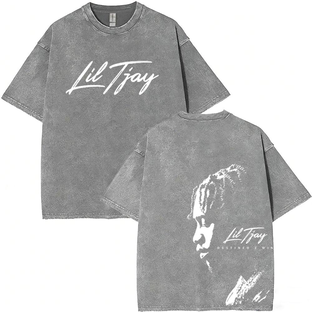 Washed Vintage Rapper Lil Tjay Face Graphic Tshirt Destined Win Tshirts Men Women Hip Hop Fashion High Quality T Shirts Tops