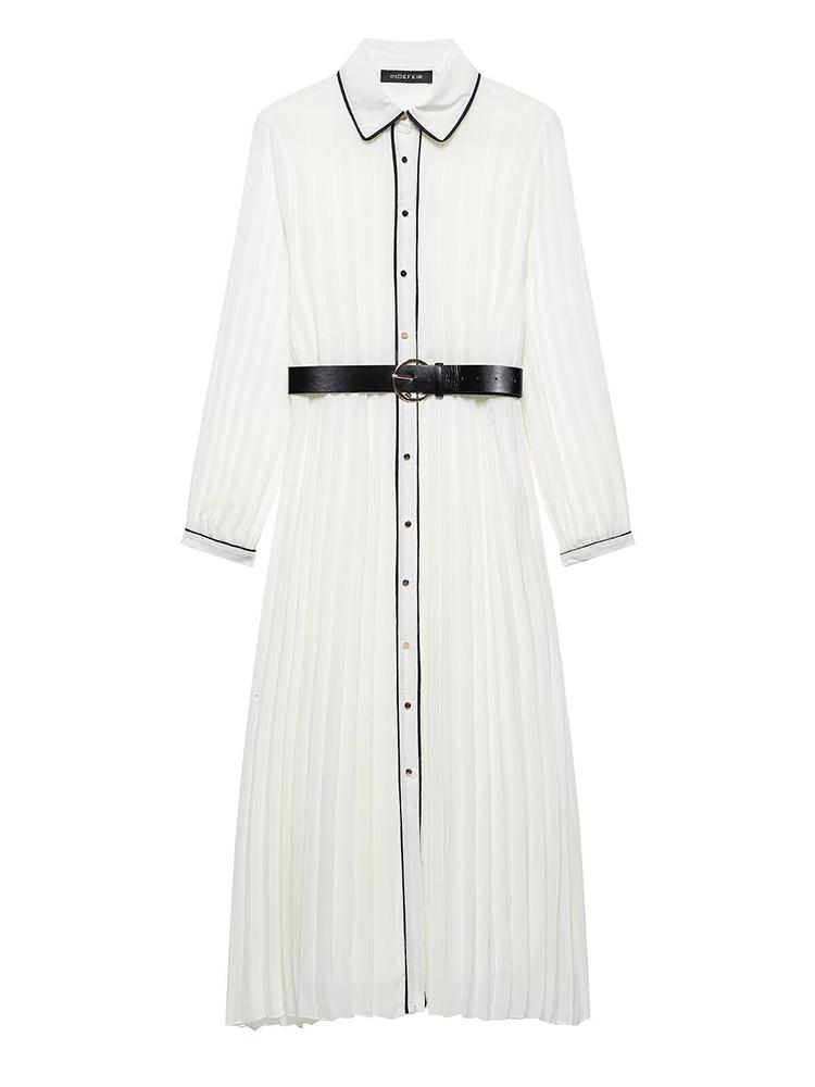 Women's Colourful Lapel Pleated Dress Corseted Long Sleeve Single Breasted (With Belt) Long Dress Elegant Women's Clothing