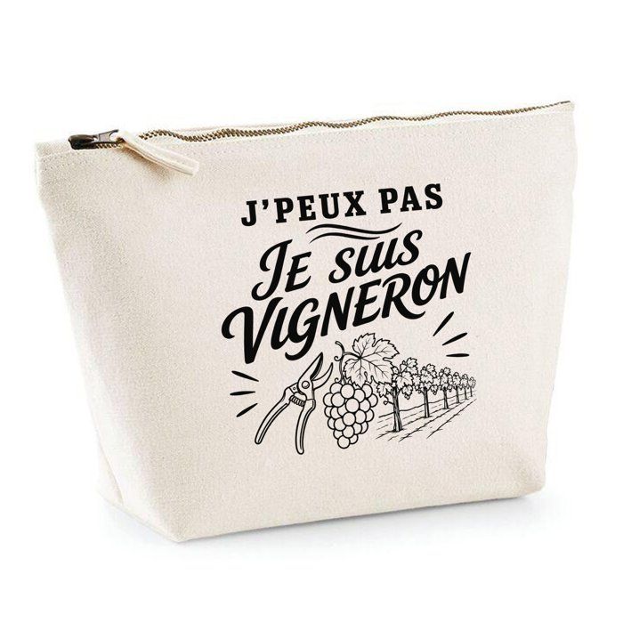 Trousse de toilette - PLANETEE - J’peux pas je suis Vigneron - 100% coton beige - 3 L - Fermeture zippée métal