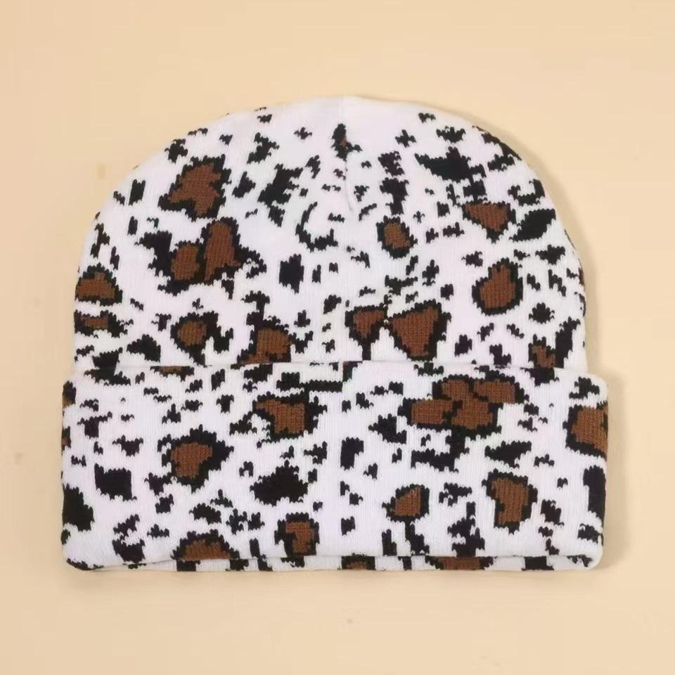 Knitted Hat Cold Printing Simple Hat Leopard Print Winter Hat Fashion Outdoor Autumn and Winter White and Brown Pattern Average Size