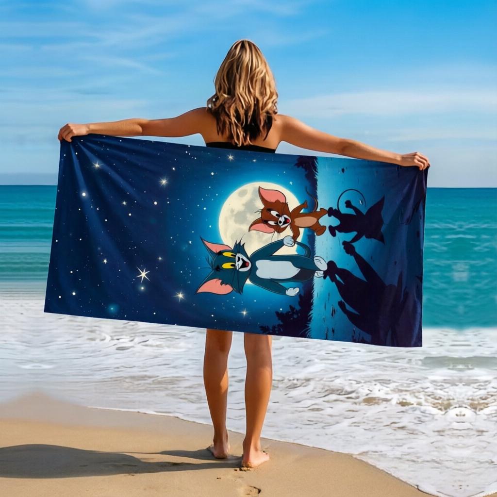 T-Tom a-and J-Jerry Starry Night Beach Towel Full Moon Water Reflection Print Quick Dry Towel Pool Camping Kids Teens Gift