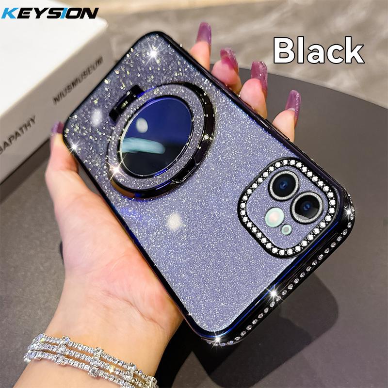 KEYSION Luxury Glitter Jewelled Magnetic Phone Case for iPhone 11 12 Pro Max Makeup Mirror Ring Stand Shockproof Back Cover