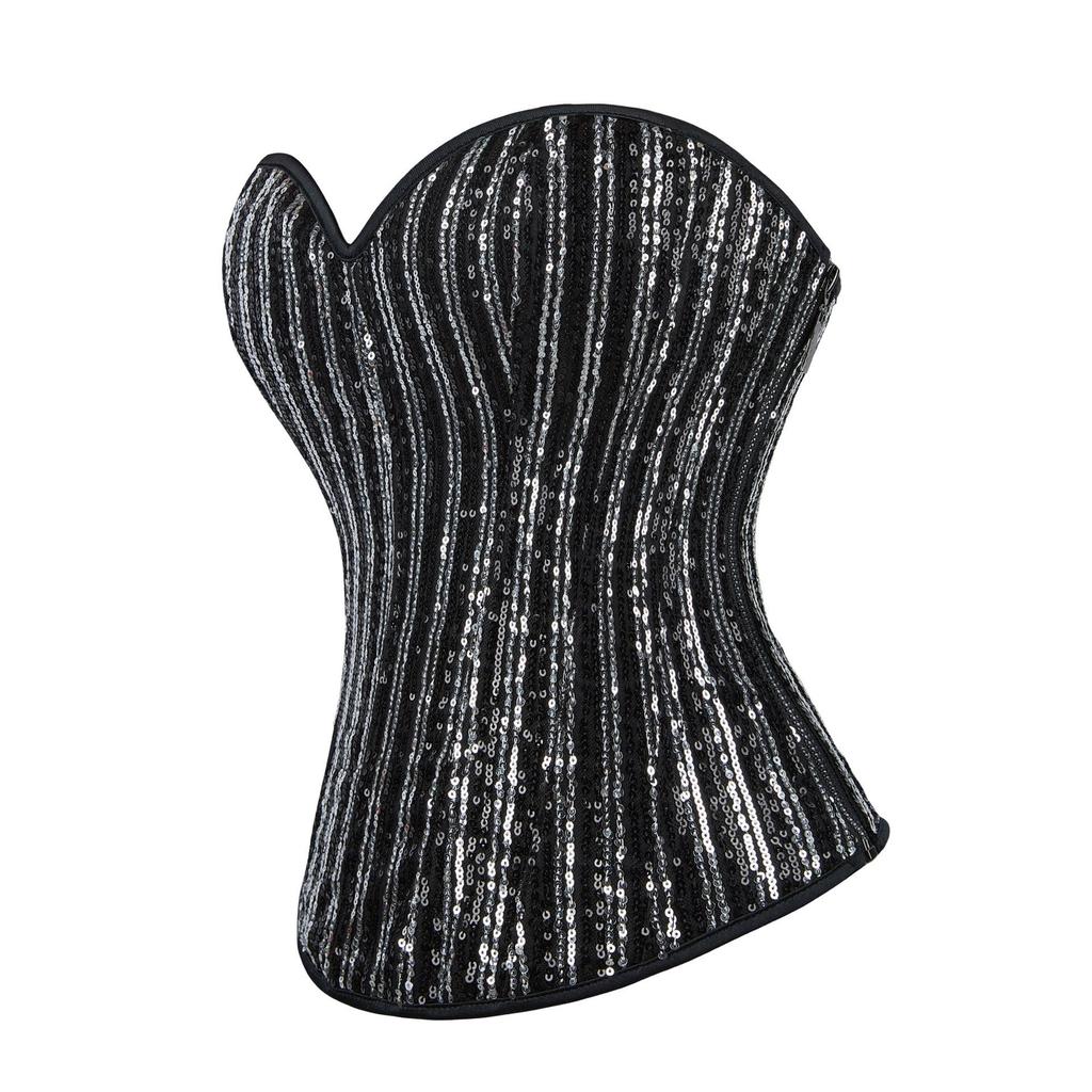 Silver Black Sequin Strapless Bodycon Corset Top with Bra Support for Women