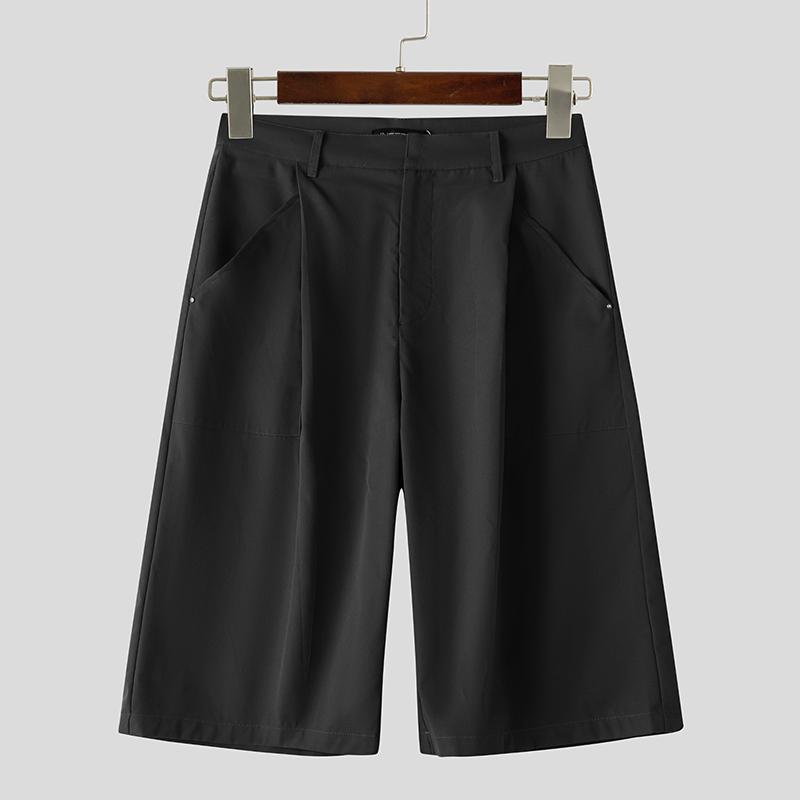INCERUN Men High Zipper Waist Solid Casual Loose Cropped Short Pants