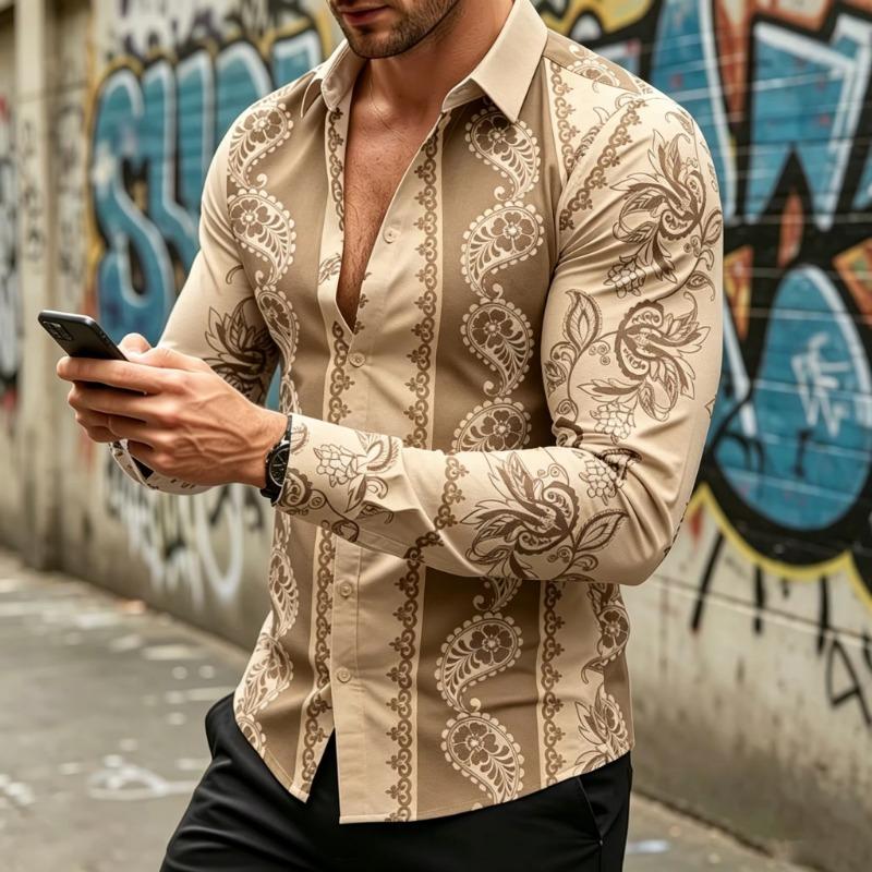 Men's long-sleeved collared shirt, ethnic print, flowy shirt, plus size street style casual cardigan top