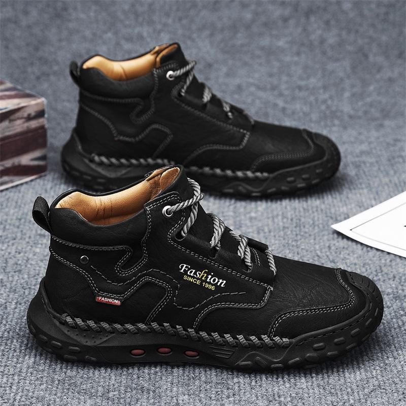 Mens Handmade Casual Leather Loafers Casual Shoes High Boots Leather Winter Sport for Men Soft and Comfortable Non-slip Cotton-padded Ankle Boots